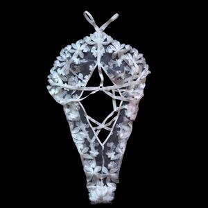 Victoria’s Secret Sheer Mesh Teddy Bodysuit White XL Embroidered Floral Lingerie